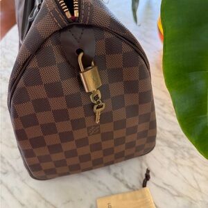 Brown Checker Satchel with Gold Hardware